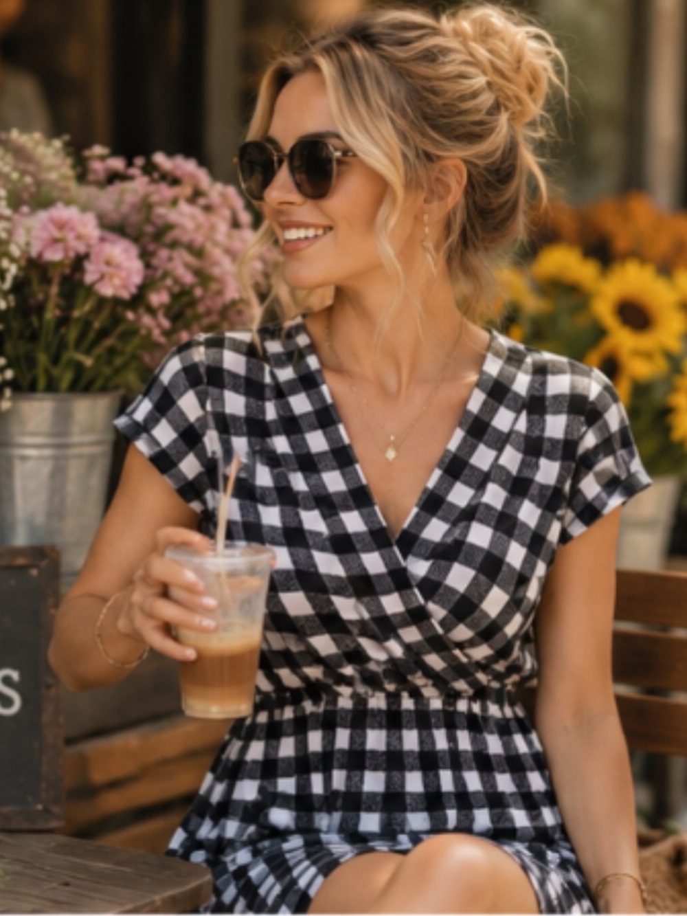 Gilli Black and White Gingham Wrap Waist Dress - Made In USA - Size M